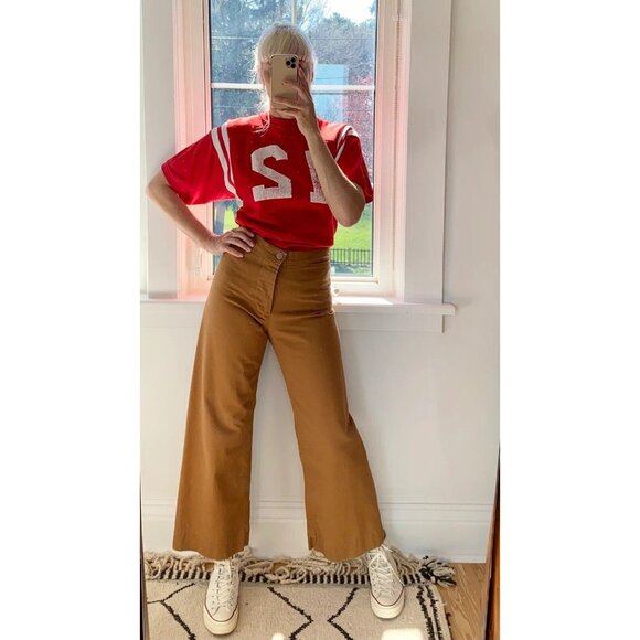 KLAXON HOWL Army Green 100% Cotton Twill Wide Leg Cropped Sailor Pants, Size 28 - Picture 10 of 13